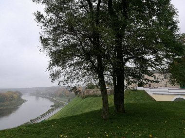 Grodno 'nun panoramik manzarası, Belarus Bulutlu bir nehir manzarası çimenli bir bankayla. Nehrin karşısında, çeşitli sonbahar gölgelerinde ve binalarda bir sıra ağaç görülebilir..