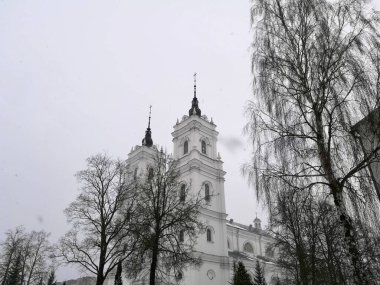 Daugavpils 'deki kusursuz Katolik Kilisesi karlı bir manzarada Barok tarzı bir kilise ve tepesinde kuleler olan iki uzun kule. Ön cephe beyaz ve kemerli pencereler var.. 