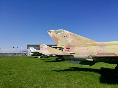 Panevezys Istra Havaalanı. Açık mavi gökyüzünün altında, çimenli bir alanda klasik askeri uçaklar sergileniyor.. 