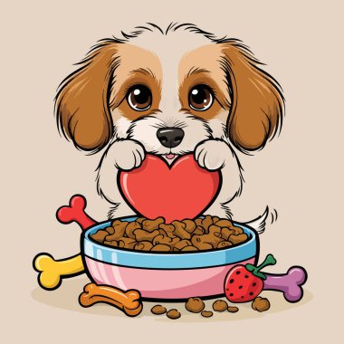 Şirin köpekler bir kase yiyecekle kalbi ısırır.