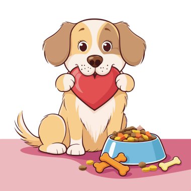 Şirin köpekler bir kase yiyecekle kalbi ısırır.