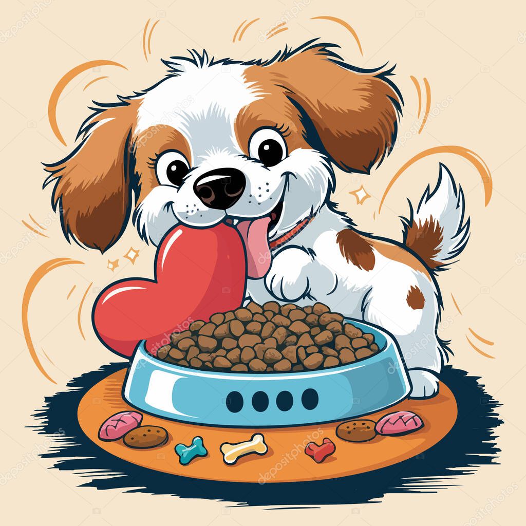 Cute dogs bite heart with a bowl of food Vector illustration