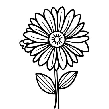 Çocuklar için boyama sayfası, çizgi film tarzı, siyah beyaz, boho çiçeği, basit illüstrasyon tarzı