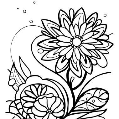 Çocuklar için boyama sayfası, çizgi film tarzı, siyah beyaz, boho çiçeği, basit illüstrasyon tarzı