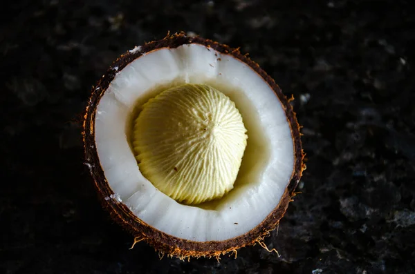 Výhonky Kokosového Ořechu Krájeném Kokosu — Stock fotografie