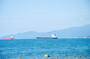 Gemiler arka planda dağlarla bir limana yaklaşıyor.