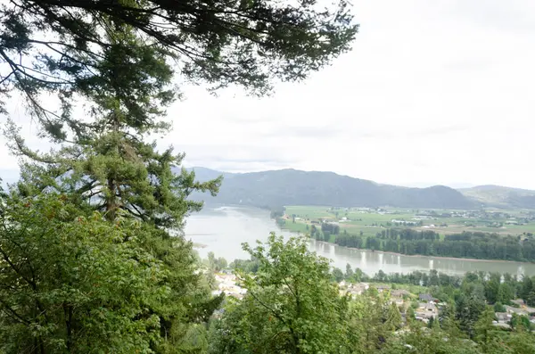 Fraser Nehri 'nin olduğu misyon kasabası manzarası, yemyeşil vadi ve arka planda dağlar - Fraser Vadisi, British Columbia, Kanada