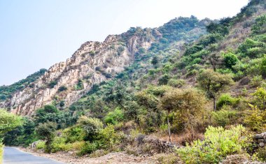 Udaipur 'dan Hindistan, Rajasthan' daki Kumbalgarh Kalesi 'ne giden kayalık bir arazide bir köy yolu.
