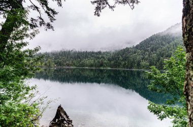 Ormanın gölü, çamların yansıması ve bulutlarla kaplı arka planda Umut, Britanya Kolumbiyası, Kanada