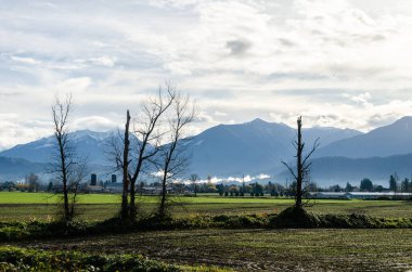Kanada 'nın sonbaharda Abbotsford' dan Umut 'a uzanan Kanada kırsal manzarası. Arka planda dağlar, vadiler ve çiftlikler var.