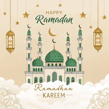 Serene Hilal Ay: Parlayan hilal ve yıldızların yer aldığı barışçıl bir kart, kutsanmış Ramazan ayının başlangıcını simgeliyor.