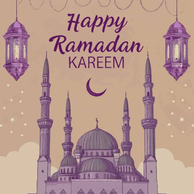 Fener Işıkları: Karmaşık fenerlerin altın renginde parladığı, kutsal ay başlarken sıcaklık ve ışık sunan güzel tasarlanmış bir kart..