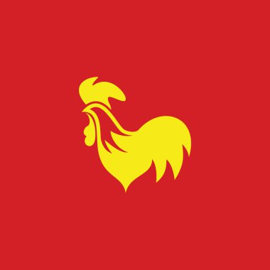 Stylized rooster silhouette design in yellow on red background clipart