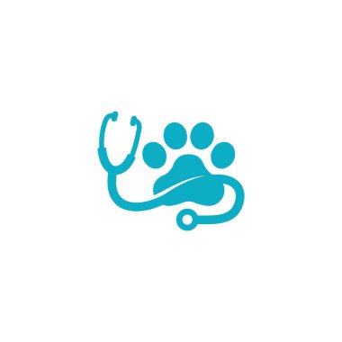 A turquoise-colored logo featuring a paw print intertwined with a stethoscope, symbolizing veterinary care clipart