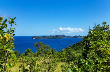 Island Terre-de-Haut, Iles des Saintes, Les Saintes, Guadeloupe, Lesser Antilles, Caribbean.Terre-de-Haut seen from the Island of Terre-de-Bas. View from the Trace Jaune hiking trail.
