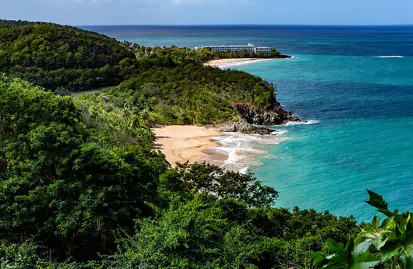Beach Grande Bas Vent and Plage de Tillet, Basse-Terre, Guadeloupe, Lesser Antilles, Caribbean.Plage de Tillet in the foreground, Beach Grande Bas Vent in the background.