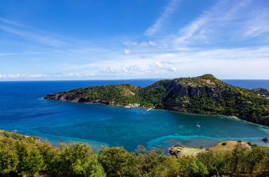 Bay of Marigot, Terre-de-Haut, Iles des Saintes, Les Saintes, Guadeloupe, Lesser Antilles, Caribbean.View from Fort Napoleon. Morne Morel Mountain on the recht.