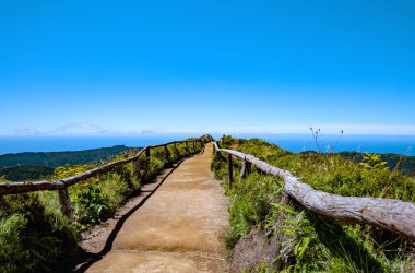 Walking path leading to a viewpoint on Lagoas das Sete Cidades and Lagoa Santiago, Sao Miguel Island, Acores, Portugal, Europe.