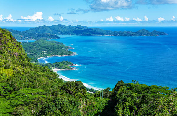 West coast of the Island Mahe, Republic of Seychelles, Africa. Bay Grand Anse in the foreground, Bay Anse Boileau and Bay Anse a la Mouche in the background. View from Venn's Town - Mission Lodge.
