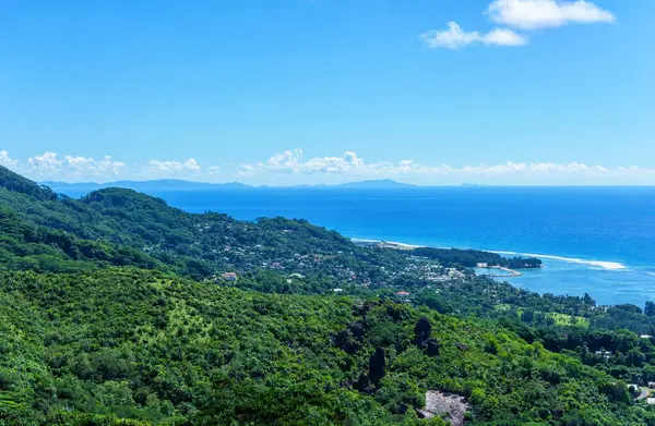 Island Mahe, Republic of Seychelles, Africa.Island Praslin and Island La Digue in the background.