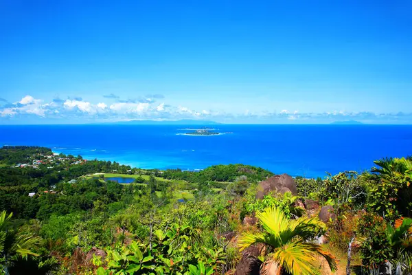 Islands Cousin Cousine seen from Island Praslin, Republic of Seychelles, Africa. Island Mahe in the background, Seychelles.