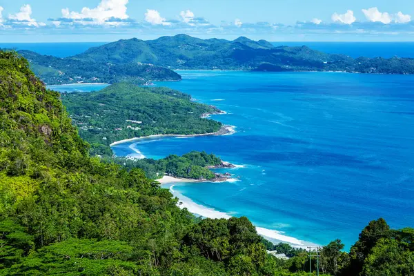 West coast of the Island Mahe, Republic of Seychelles, Africa. Bay Grand Anse in the foreground, Bay Anse Boileau and Bay Anse a la Mouche in the background, Seychelles.