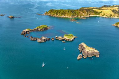 Kuzey Adası, Yeni Zelanda ve Okyanusya Körfezi 'nin havadan görünüşü. 