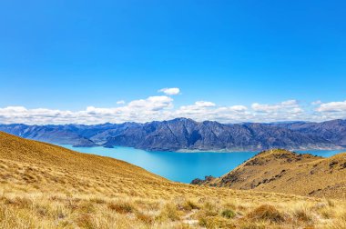 Hawea Gölü ve dağlar, Otago, Güney Adası, Yeni Zelanda, Okyanusya