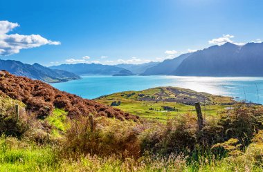 Hawea Gölü ve dağlar, Otago, Güney Adası, Yeni Zelanda, Okyanusya