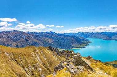 Hawea Gölü ve dağlar, Otago, Güney Adası, Yeni Zelanda, Okyanusya