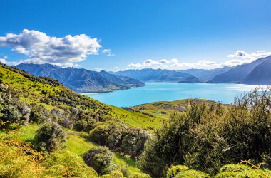 Hawea Gölü ve dağlar, Otago, Güney Adası, Yeni Zelanda, Okyanusya