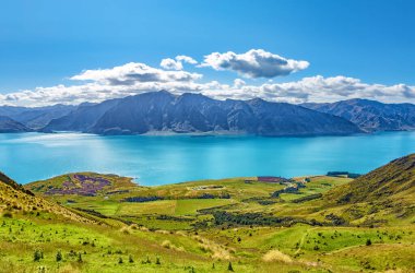 Hawea Gölü ve dağlar, Otago, Güney Adası, Yeni Zelanda, Okyanusya