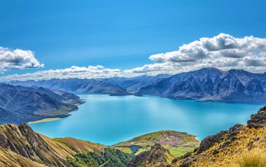 Hawea Gölü ve dağlar, Otago, Güney Adası, Yeni Zelanda, Okyanusya