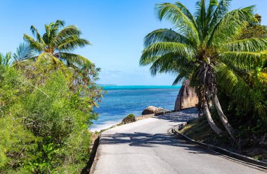 Ada Praslin 'in batısındaki manzara yolu, Seyşeller Cumhuriyeti, Afrika