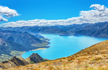 Hawea Gölü ve dağlar, Otago, Güney Adası, Yeni Zelanda, Okyanusya