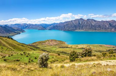 Hawea Gölü ve dağlar, Otago, Güney Adası, Yeni Zelanda, Okyanusya
