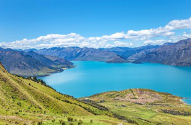 Hawea Gölü ve dağlar, Otago, Güney Adası, Yeni Zelanda, Okyanusya