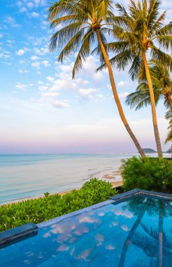 Yüzme havuzu ve palmiye ağaçları, Nathon Sahili, Ko Samui Adası, Güneydoğu Tayland