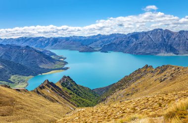 Hawea Gölü ve dağlar, Otago, Güney Adası, Yeni Zelanda, Okyanusya