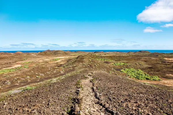Volkanik arazide yürüyüş izleri, Ada de Lobos, Kanarya Adaları, İspanya, Avrupa. 