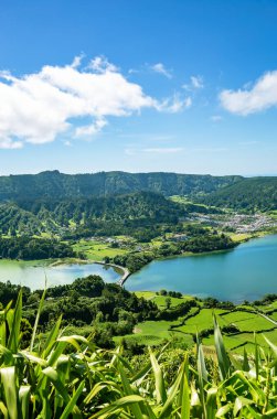 Lakes Lagoa Verde ve Azul, Lagoa das Sete Cidades, Sao Miguel Adası, Azores, Portekiz, Avrupa.  
