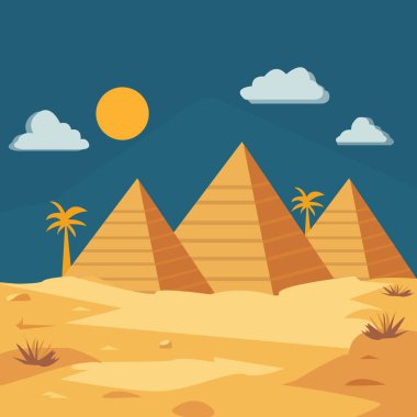 Mısır, piramitli çöl manzarası, vektör illüstrasyonu