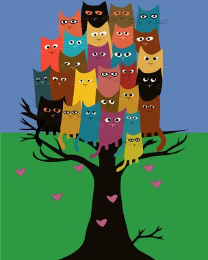  Minimalist kedi ağacı, dallarında renkli kediler olan, gökyüzüne, çimenlere ve pembe kalplere karşı kurulmuş bir hayat ağacı..