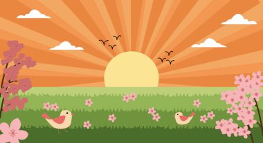    Yeşil çayır, çiçek açan sakura ve düz bir tarzda kuşlar ile güneşli bir yaz manzarasının vektör çizimi.