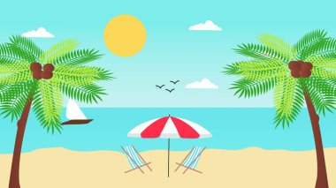 Akdeniz sahilinin turkuaz suyu, kumlu kıyısı ve güneşli bir yaz gününde açık mavi gökyüzü manzarası.