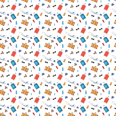 Güneş gözlüğü, bavul, uçak bileti, parmak arası terlik, su şişesi ve beyaz arka planda uçak simgeleri gibi seyahat unsurları olan kusursuz vektör deseni..