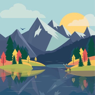  Dağların altındaki nehre yakın geyik, düz tasarım tarzında sonbahar manzarası.