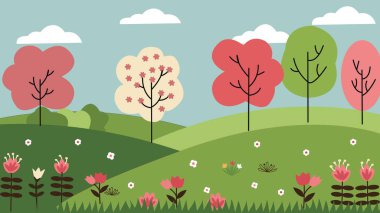     Doğal ışık altında yeşil bir çayırda çiçek açan renkli çiçeklerin düz vektör çizimi, beyaz arkaplanda temiz bir tasarım ile minimal stil