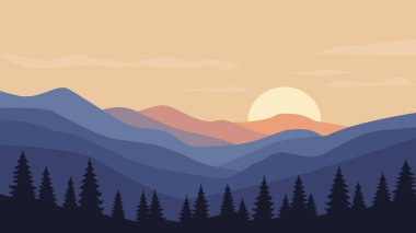    Sıcak, parlayan gökyüzü ve huzurlu doğal atmosferiyle dağların tepelerinde manzaralı günbatımı.