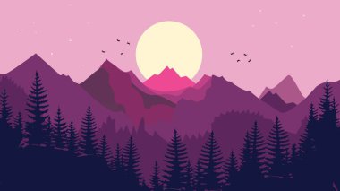   Dağlarda gün batımı, düz tasarım resimleme